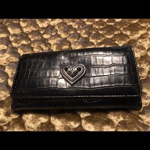 Black tri-fold wallet with metal heart ornament faux leather